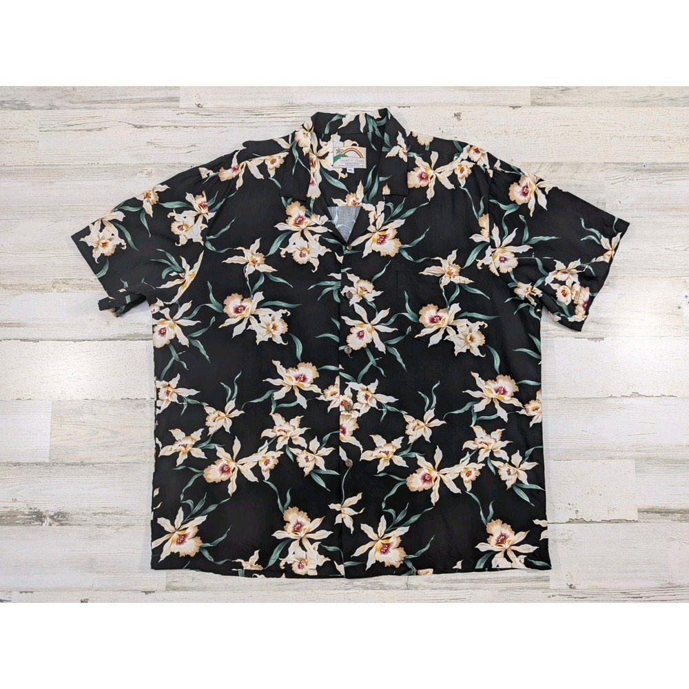 Vintage Paradise Found Shirt Mens XL Orchid Floral Hawaiian Camp Rayon Y2K Black